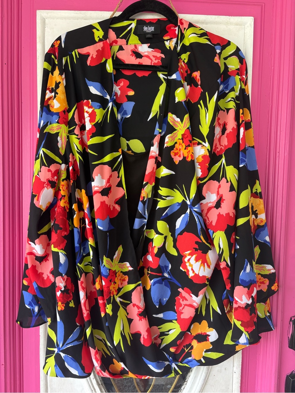 Investments SLIM FACTOR Black Floral Drape Front Top with Bright Multicolor